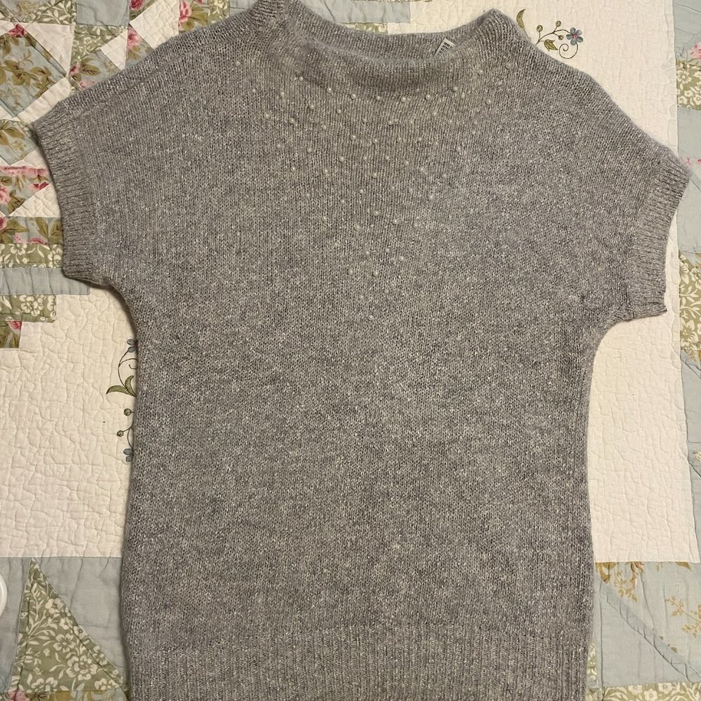 Grey Short Sleeve Sweater Super Soft Pearls Silk Nylon Angora Lambs Wool